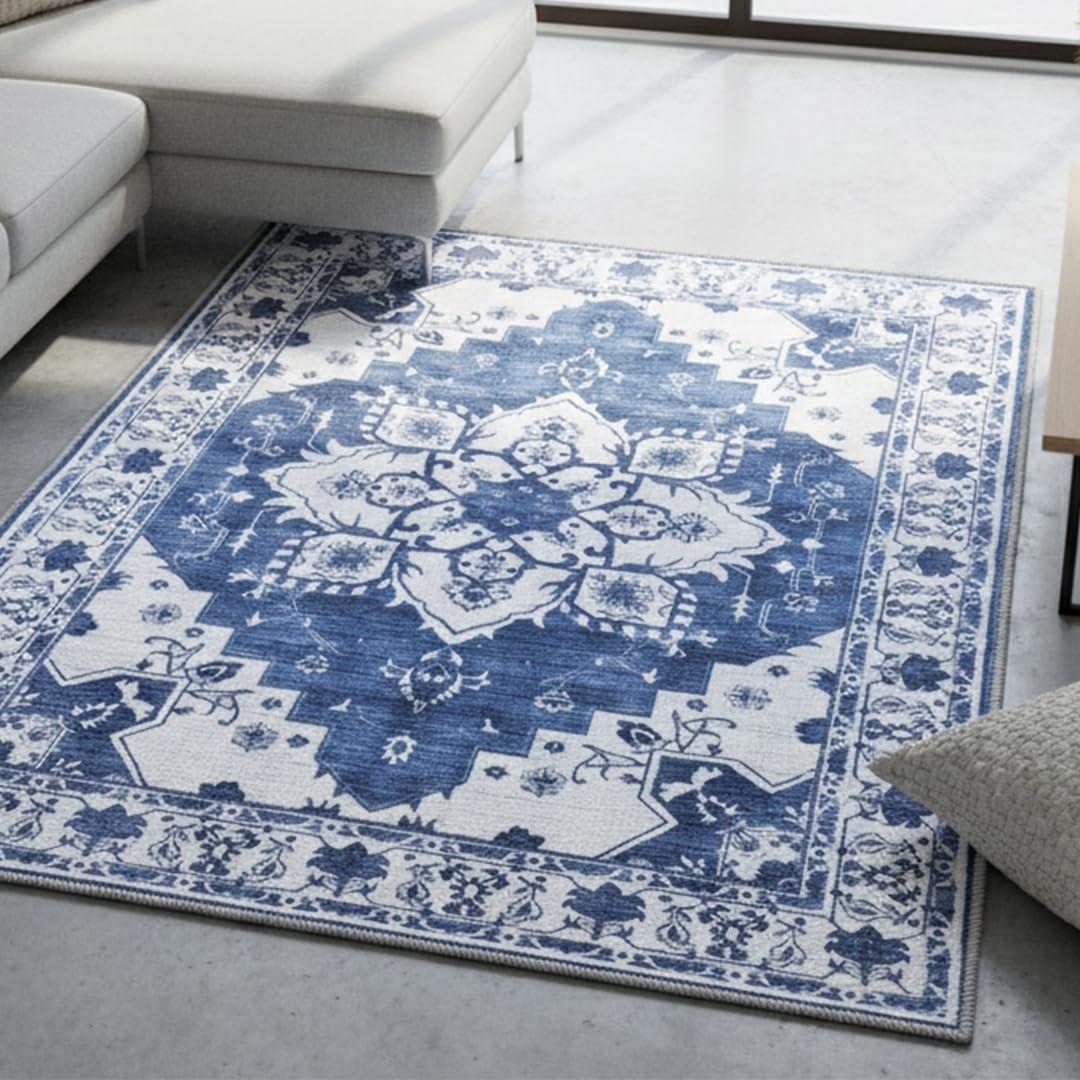 Muddy Mat Navybell 5ft x 7ft Washable Area Rugs for Living Room, Bedroom & Dining Room Modern Soft Low Pile Non Slip Carpet Pet Friendly Waterproof Foldable Rugs for Home