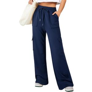 Aleumdr Women's Cargo Sweatpants High Waisted Wide Leg Pants Athletic Casual Baggy Sweat Pants with Pockets (XX-Large, Navy Blue)