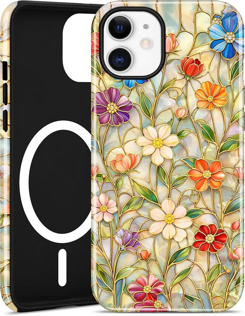 Compatible with MagSafe Flower Phone Case for iPhone 15 Pro, Cute Magnetic Stained Glass Floral Aesthetic Soft Shockproof Protective Phone Cover for Women Girls-Vibrant Flowers