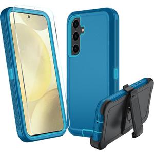 for Samsung Galaxy S24 FE 5G Case, S24 FE Heavy Duty case, [Belt Clip Holster] [Glass Screen Protector] [Military Grade Protective ] [Shockproof] [Dropproof] [Dust-Proof] (Lake Blue)