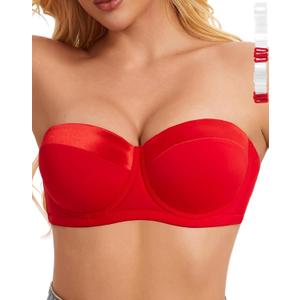 Women's Push up Strapless Bra for Large Breasts with Clear Straps, Never Move On Party Cup (Red), 38D