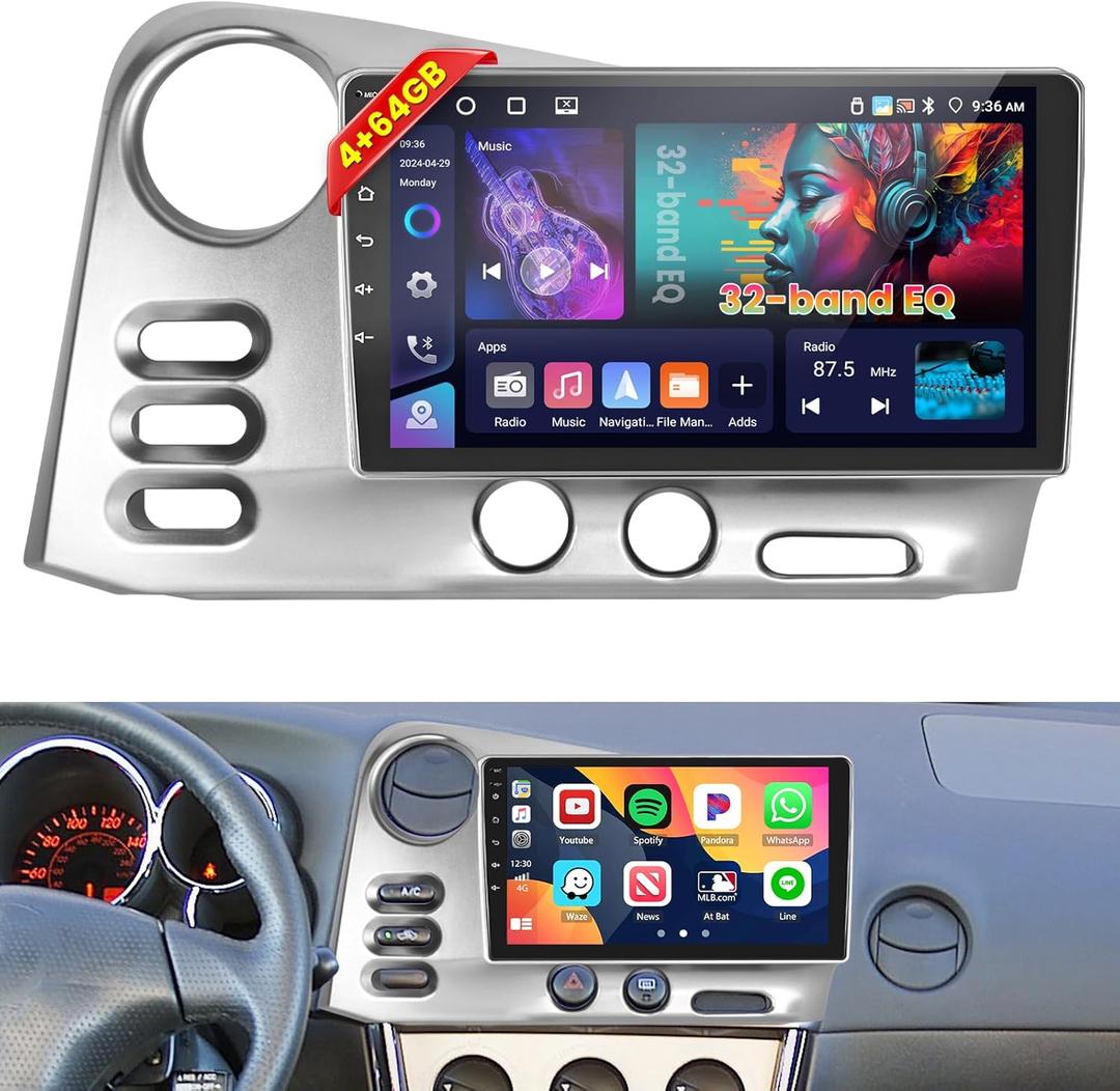 [4G+64G] Android 15 Car Stereo for Toyota Corolla Matrix 2003-2008 with Wireless Carplay Android Auto, 9 Inch HD Touchscreen with WiFi GPS Bluetooth5.0 FM/RDS Radio 32EQ SWC Backup Camera MIC