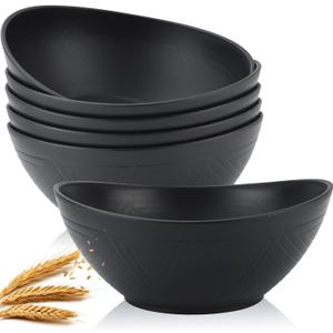Homienly Wheat Straw Bowls Set of 6, 60 OZ Salad Bowl Large Capacity for Soup, Popcorn - Unbreakable Serving Bowl - Microwave & Dishwasher Safe Bowl, Alternative for Plastic Bowls for Kitchen - Black