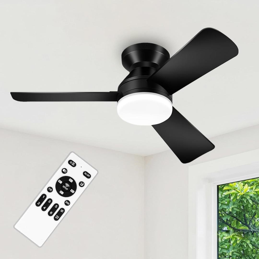 35" Black Ceiling Fans with Lights and Remote, Low Profile Ceiling Fan with Light, Reversible DC Motors, 3CCT Dimmable Timer Noiseless, Flush Mount Ceiling Fan for Bedroom/Living Room