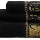 Loom and Mill Luxury Cotton Bath Towel Set 3 Piece-1 Bath Towel 1 Hand Towel 1 Wash Cloth, Ultra Soft Decorative Towel Sets Highly Absorbent for Bathroom, Classic Damask Design(Black+Copper Bronze)