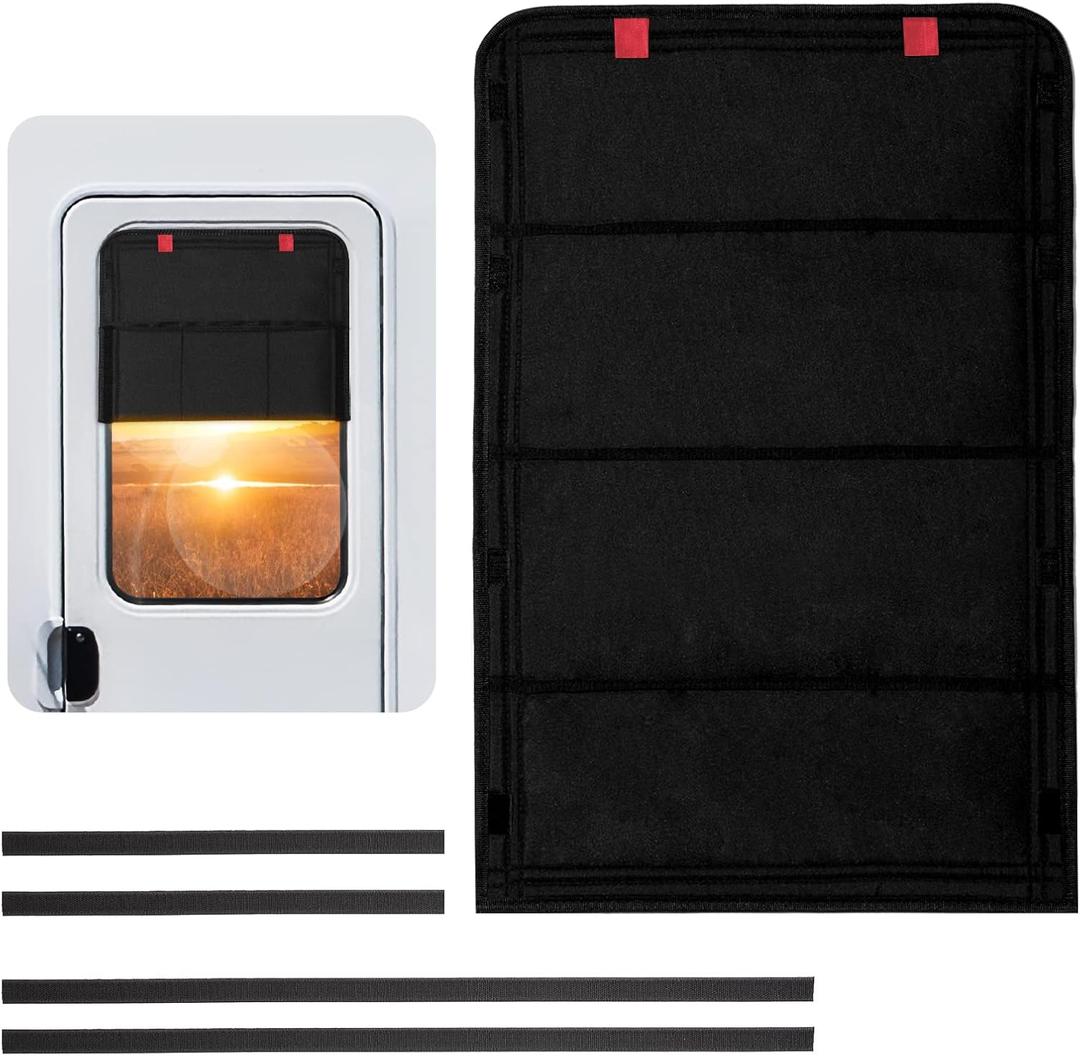 RV Door Window Shade, Foldable Hook and Loop Fastener RV Blackout Window Cover, UV Rays Protection Camper Trailer Door Window Cover, Waterproof Thickened Oxford Fabric (Black-R) (25 x 16 inches)