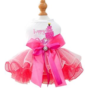 Dog Birthday Dress with Cake Pattern & Bowknot Girl Puppy Clothes for Small Dog Cat Birthday Outfit with Tutu Skirt Party Tulle Pet Apparel (Fuchsia, X-Large)