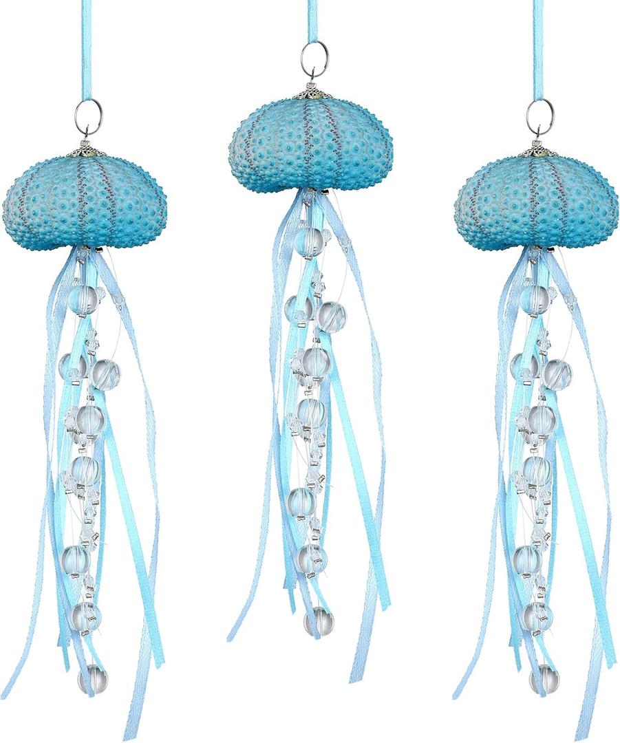 Sea Urchin Jellyfish Christmas Ornament Coastal Beaded Beach Theme Holiday Decorations Ocean Inspired Elegant Hanging Jellyfish Decorations with Crystal and Ribbons(Blue, 6 Pcs)