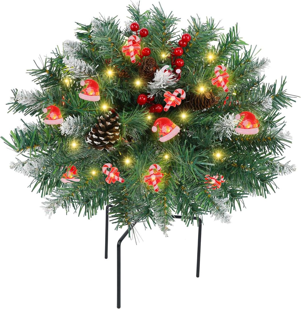 DR.DUDU 15 Inch Outdoor Christmas Decorations Urn Filler for Front Porch- Lighted Christmas Pot Fillers with Stake, Xmas Pine Trees with Timer for Outside Home Dcor