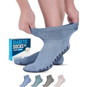 Doctor's Select Diabetic Ankle Socks with Grippers for Men and Women - 4 Pair 1/4 Length Neuropathy Socks for Women (Large, Blue/Tan/Aqua/Brown - 4 Pairs)