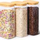 ComSaf 63oz Rectangle Glass Storage Containers with Lids, Glass Jars with Bamboo Lids, Clear Food Jar, Square Canister Set of 3, Pantry Organizers and Storage for Flour Pasta Coffee Bean