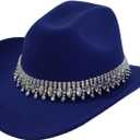 Shiny Rhinestone Women's Cowgirl Hat Western Cowboy Retro Panama Unisex Sequin Wide Brim Hat (Royal Blue)
