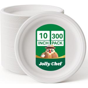 JOLLY CHEF Compostable Heavy Duty Plates   [ ] Eco-Friendly Disposable White Paper Plates Made of Bagasse Biodegradable Bulk for Party Dinner Sugarcane Fibers Round 300 Count (300 Count (Pack of 1))