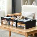 Medium Storage Baskets with Clear Window, See Through Closet Organizer with PU Handles, Linen Foldable Storage Bins for Organizing Clothes, Toys, Books (Black) (Medium-16"x11"x7")