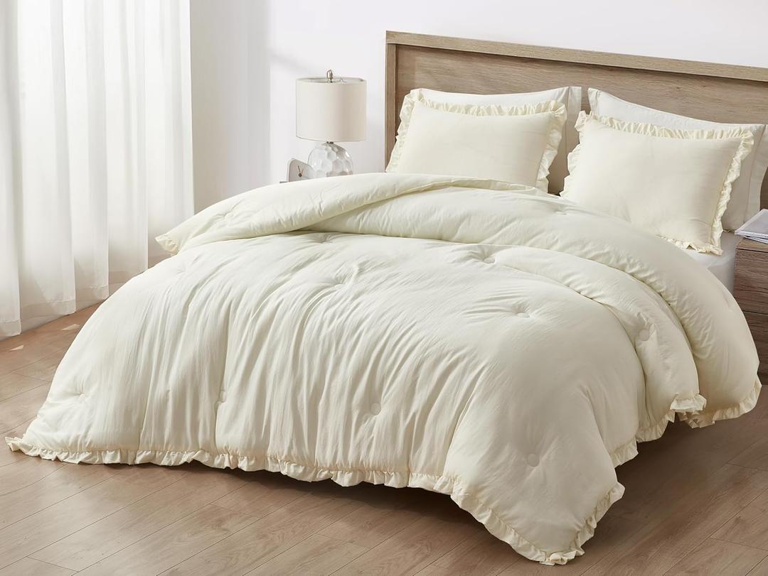 Chezmoi Collection Nora Ivory Ruffle Comforter Set, 3-Pieces Queen