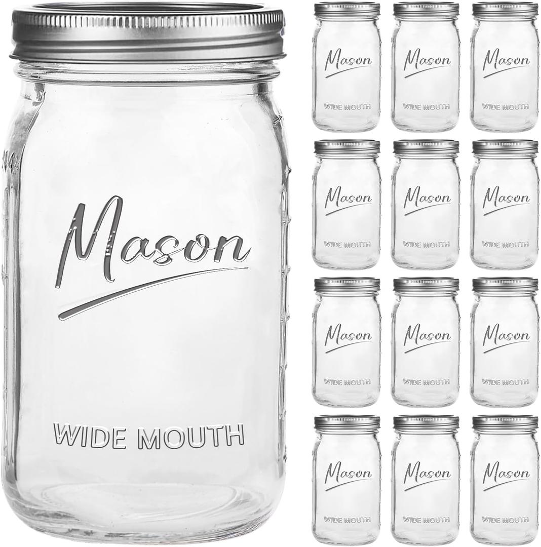 Mason Jars 32 oz,12 Pack Quart Wide Mouth Mason Jar With Airtight Lids, Glass Canning Jars for Fermenting, Pickling, Meal Prep, Overnight Oats & Centerpieces