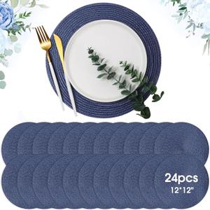 Buryeah 24 Pieces 13 Inch Christmas Round Placemats Circle Woven Place Mats Boho Decor Dining Table Mats Table Scape Hosting Friends for Wedding Birthday Dinner Parties (Fog Blue)