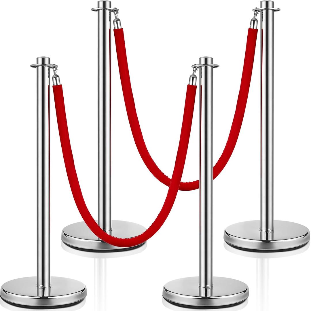 Ferraycle 4 Pcs 5 ft Velvet Ropes and Posts Red Velvet Rope Stanchion Post Crowd Control Barriers Silver Stanchions Red Carpet Poles Crowd Control Barriers Hollow Base for Party Ceremony Supplies