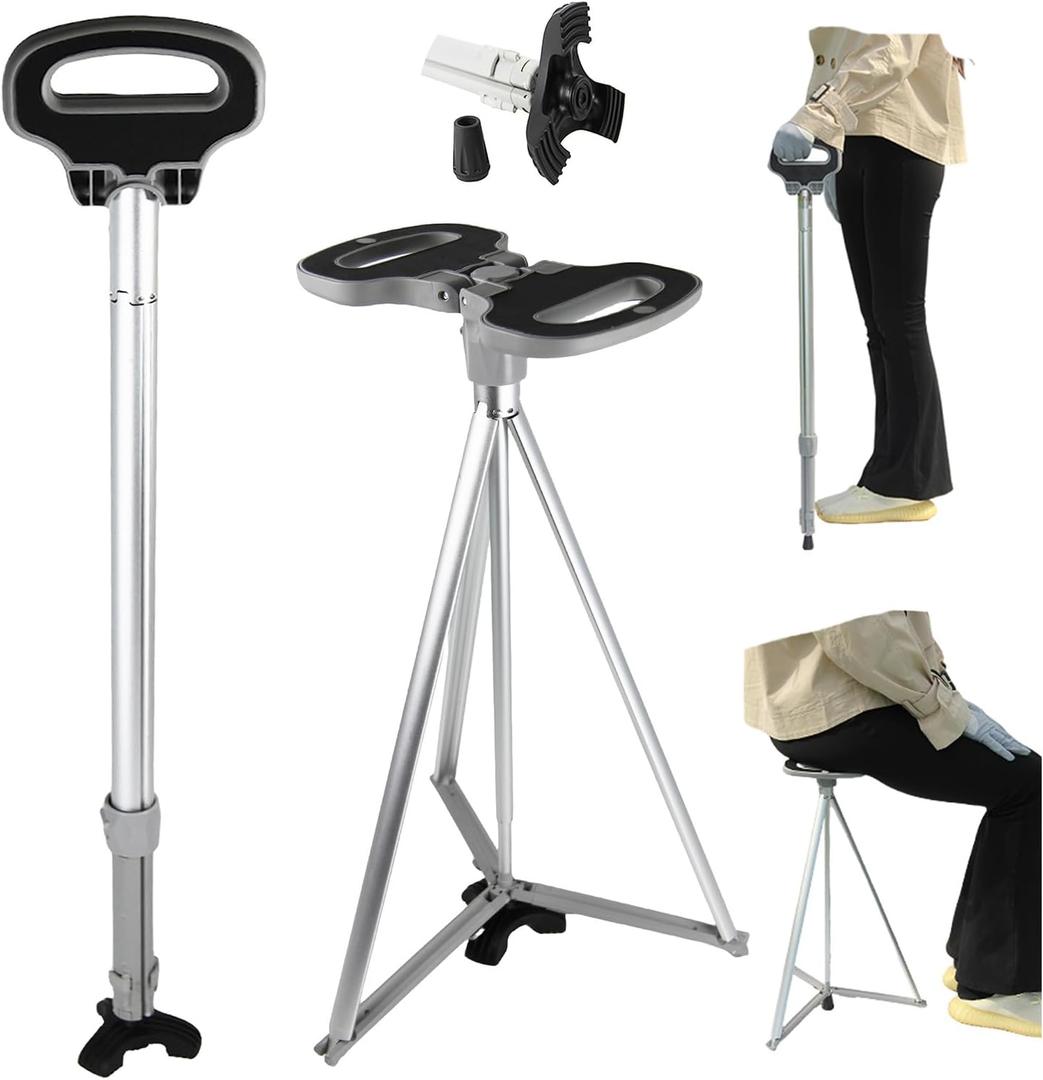 Walking Cane with Seat for Men & Women,Portable Cane Seat with Carry Bag,Lightweight Anti-Slip Walking Stick for Seniors & Adults,Foldable Adjustable Cane Chair for Travel Hiking (silver)