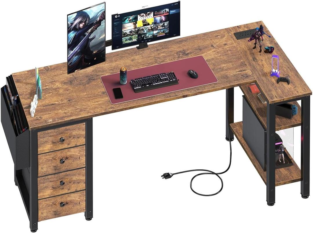 Lufeiya L Shaped Computer Desk with Drawers & Storage Shelves, 55 Inch Corner Desk with Power Outlet for Home Office Bedroom, L-Shaped Teen PC Gaming Desks with Fabric Drawer, Rustic Brown