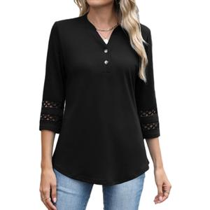 CiCiBird Womens 3/4 Sleeve Blouses Casual Button V Neck Shirt 2025 Trendy Tops (Black, L)