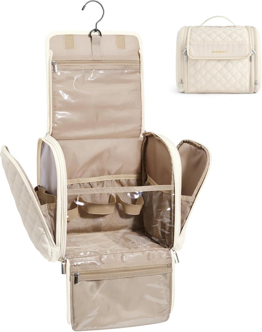 BAGSMART Travel Toiletry Bag, Large Capacity Cosmetic Bags for Women with Hanging Hook, Water-resistant for Toiletries Accessories Brushes Sponge, With Handle (Beige)