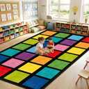 7.6x12 ft Large Rainbow Color Squares Classroom Rug Happy Squares Educational Area Mat Rainbow Themed Colorful Play Carpet Back to School Learning Mat for Elementary Preschool Nursery(Rainbow Color)