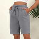 Ficerd 2 Pack Women's Linen Shorts Casual Drawstring Bermuda Summer Wide Leg Knee Length Shorts with Pockets (Black, S)