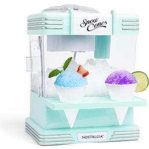Nostalgia Snow Cone Machine With 2 Reusable Plastic Cups & Ice Scoop for Easy Serving- Retro Table-Top Ice Cone Maker Makes 20 Icy Treats- Slushie Machine for Parties, Family Treats & Gatherings- Aqua