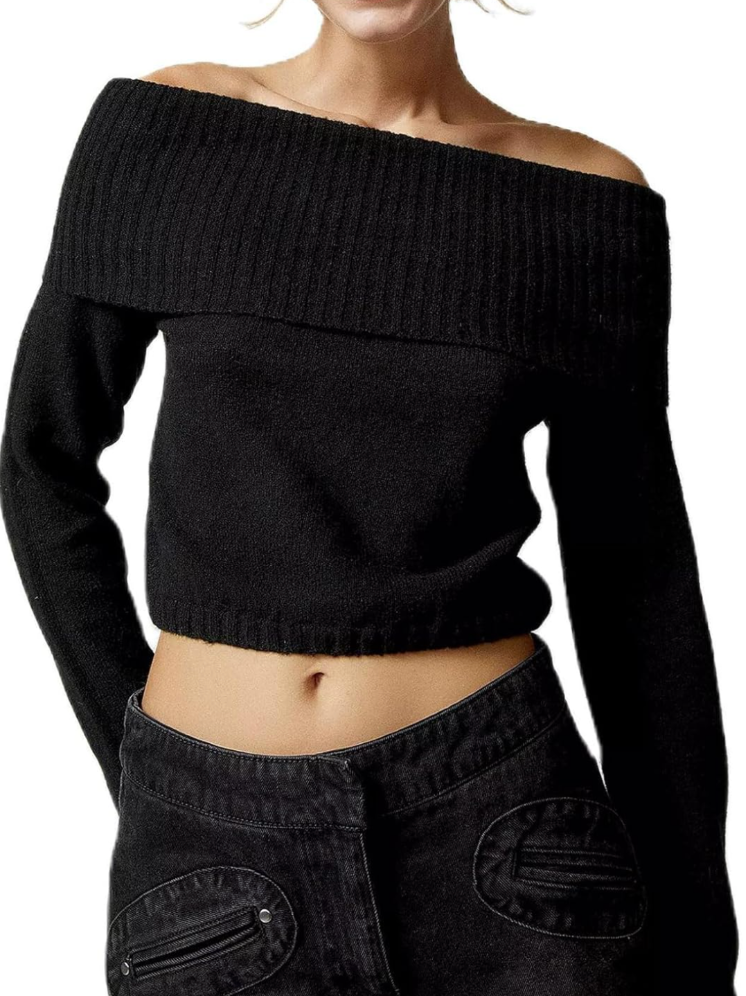 Women Casual Off Shoulder Sweater Long Sleeve Ribbed Knit Crop Top Pullover Slim Fit Irreguar Knitted Cropped Blouse, M