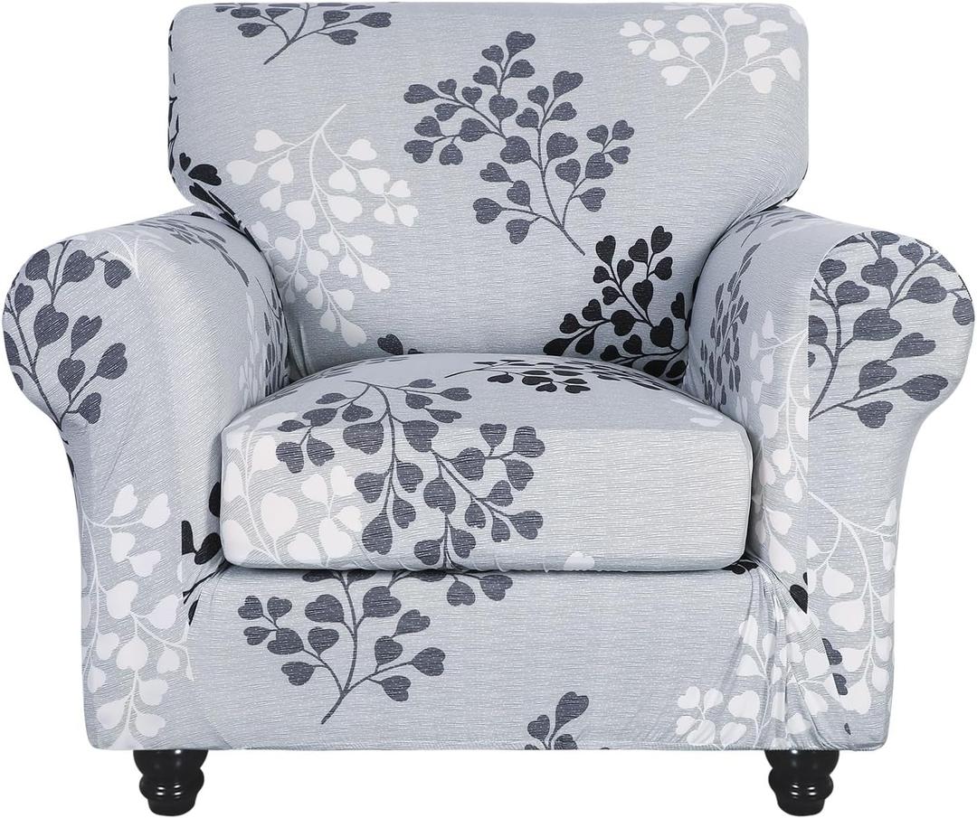 SearchI Stretch Sofa Cover Printed Couch Covers, Floral Pattern 2 Piece Armchair Slipcover with Separate Chair Cushion Cover, Washable Furniture Protector for Living Room(Armchair,Leaf Pattern) (Small)