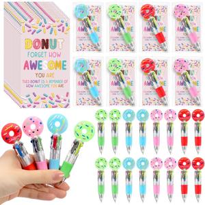 24 Sets Donuts Party Favor Pens Gift Bulk, 4-in-1 Multicolor Ballpoint Pen with Positive Cards for Christmas School Classroom Prizes and Funny Employe Appreciation Office Gift