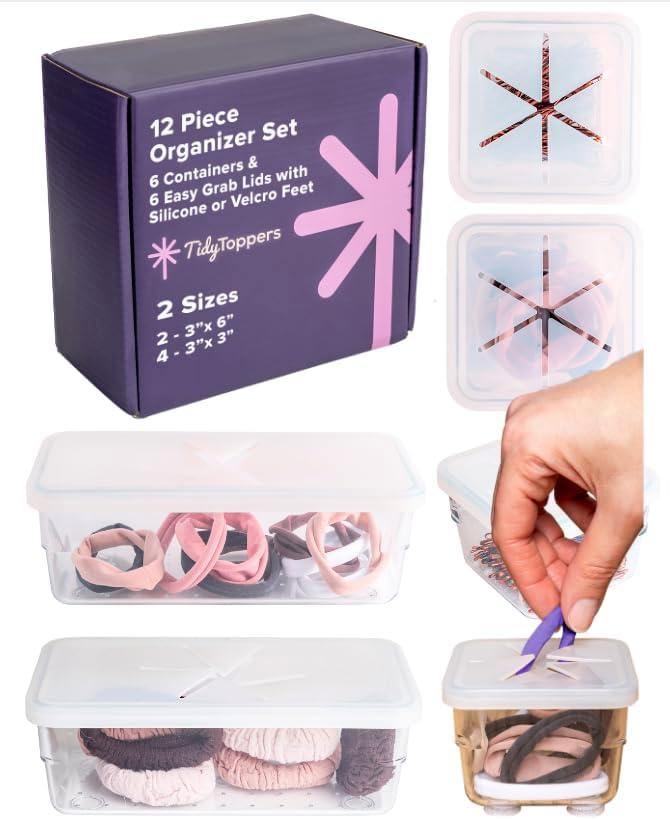 6 Clear Plastic Drawers Organizer Containers & 6 Matching Easy-Grab Silicone Lids - Keep Your Hair Ties, Desk & Bathroom Accessories Drawer, Vanity, Playroom Storage & More Organized!