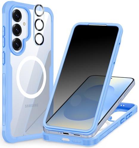 CENHUFO Magnetic Privacy for Samsung Galaxy S25 Case, Full Body Phone Case with Built-in 9H Tempered Glass Privacy Screen Protector and Camera Lens Cover, Shockproof Protective Bumper - Light Blue