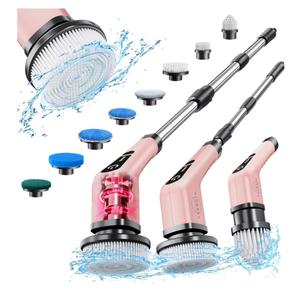 Leebein Electric Spin Scrubber, Cordless Powerful Scrub Brush for Cleaning Bathroom, Kitchen, Shower Tub and Floor Tile with Adjustable Extension Long Handle and 8 Replaceable Brush Heads(Rose)