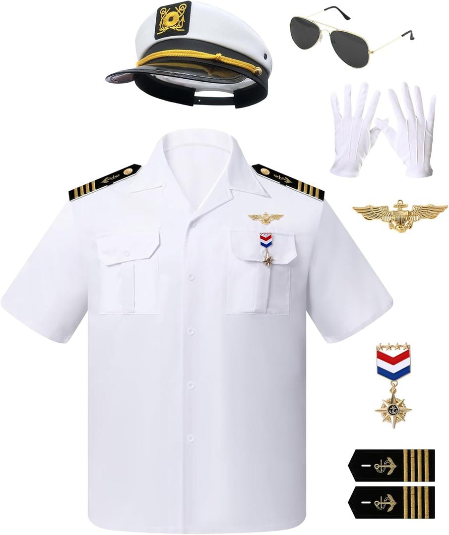 8PCS Yacht Captain Sailor Costume Adult Shirt with Hat Epaulets Gloves Accessories Set for Halloween and Role Playing (X-Large, White)