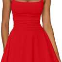 Kaximil Women's Sexy Ruffle Mini Dress Spaghetti Strap Ruched Corset Party Club Short Dresses (Medium, Red)