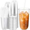 Ziliny 50 Sets Clear Plastic Cups with Lids and Straws, Disposable Iced Coffee Cups Drinking PET for Cold Drinks, Juice, Smoothie, Coffee Shops, Party, Christmas (20 oz,Clear)