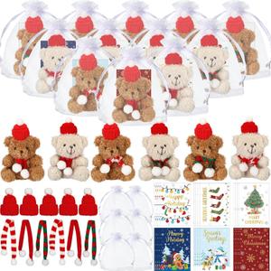 Poen 24 Set Christmas Gift 4 Inch Mini Christmas Stuffed Plush Bear with Santa Hat Scarf Cards Organza Bags Xmas Small Bear Toy Set for Holiday Party Favor(Cute Style)