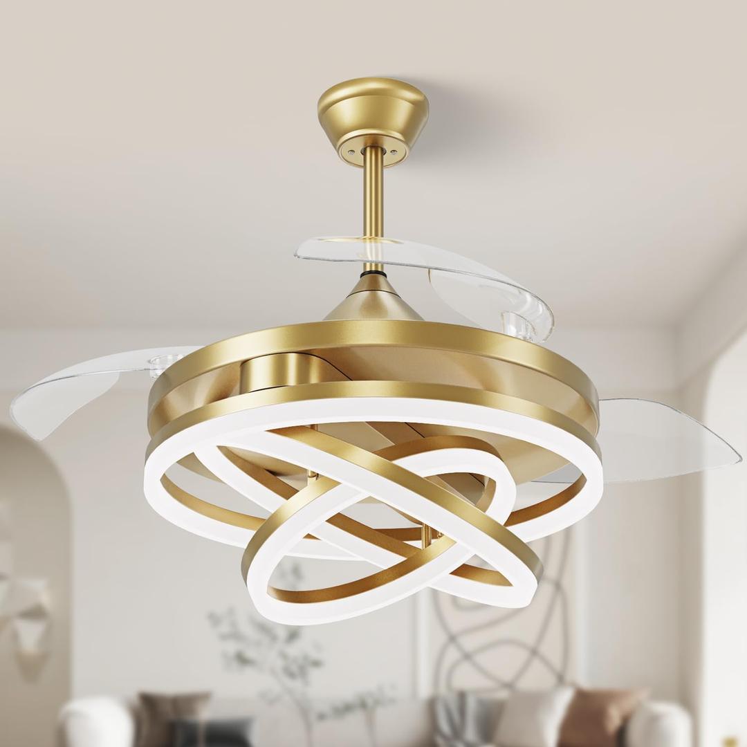 FIDGRA 42 Inch Retractable Ceiling Fan, Chandelier Ceiling Fans with Lights, Silent DC Motor, 6 Speeds, 3 Color Changing for Bedroom Living Room (Gold)
