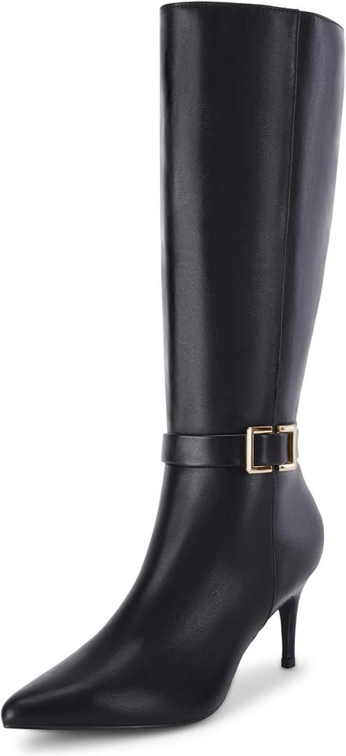 Coutgo Womens Knee High Boots Stiletto Heels Suede Pointed Toe Wide Calf Metal Buckle Side Zipper Winter Boots (6, Cool Black)