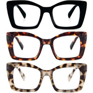REAVEE Oversized Square Reading Glasses for Women, Blue Light Blocking Large Frame Computer Readers Spring Hinge