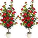 2 Pack Artificial Camellia Tree 43" Fake Tree with 36 Blooming Flowers; 3.6FT Faux Tall Camellia Plants in White Pot,Greenery Potted Plant for Indoor & Outdoor Home Office Porch Decor(Red)