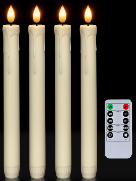 GenSwin Flameless Ivory Taper Candles Flickering with 10-Key Remote, Battery Operated Led Warm 3D Wick Light Window Candles Real Wax Pack of 4, Christmas Home Wedding Decor(0.78 X 9.64 Inch)