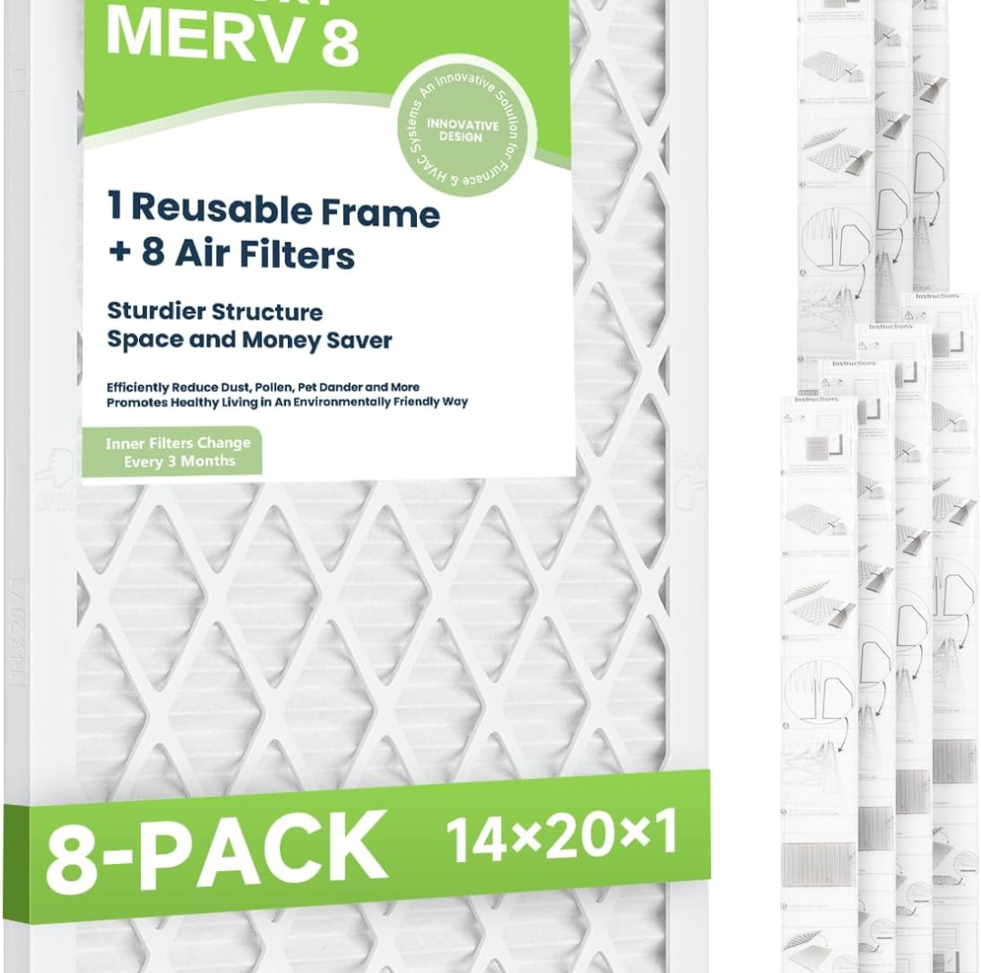 Future Way 14x20x1 Air Filters, 8-Pack with Reusable Frame, MERV 8, MPR 700 AC Furnace Filters, Space Saving & Cost-effective