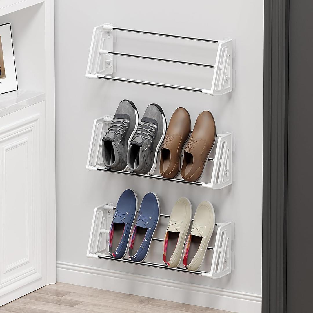 Wall Mounted Shoe Rack, 3 Pack Wall Shoe Rack Holds 6 Pairs of Shoes with Sticky Adhesive Strips Shoe Organizer Space Saving Wall Mount Shoe Storage for Camper Shoe Hanger White