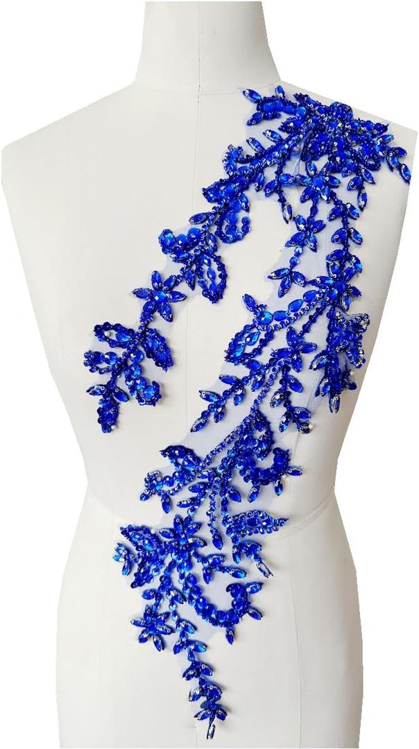 Handmade Shining Acrylic Rhinestones on lace Applique Sewing Beads Stones Trim Patches Accessories for Wedding Dress (Blue)