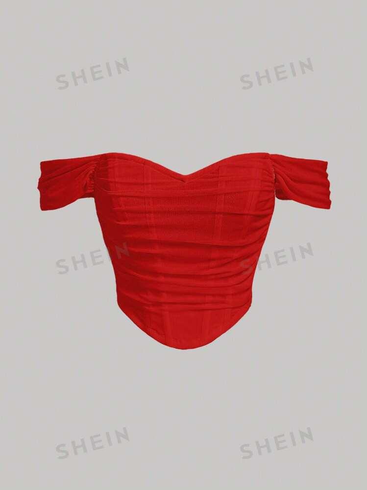 SheIn Women's Clothes Off-the-Shoulder Top Ruched Detail at the Side Red L SheIn Women's Clothes Off-the-Shoulder Top Ruched Detail at the Side Red L