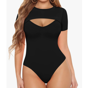 MANGOPOP Womens Long Sleeve Bodysuit Sexy Front Cutout Round Neck Body Suits (Black, XL)