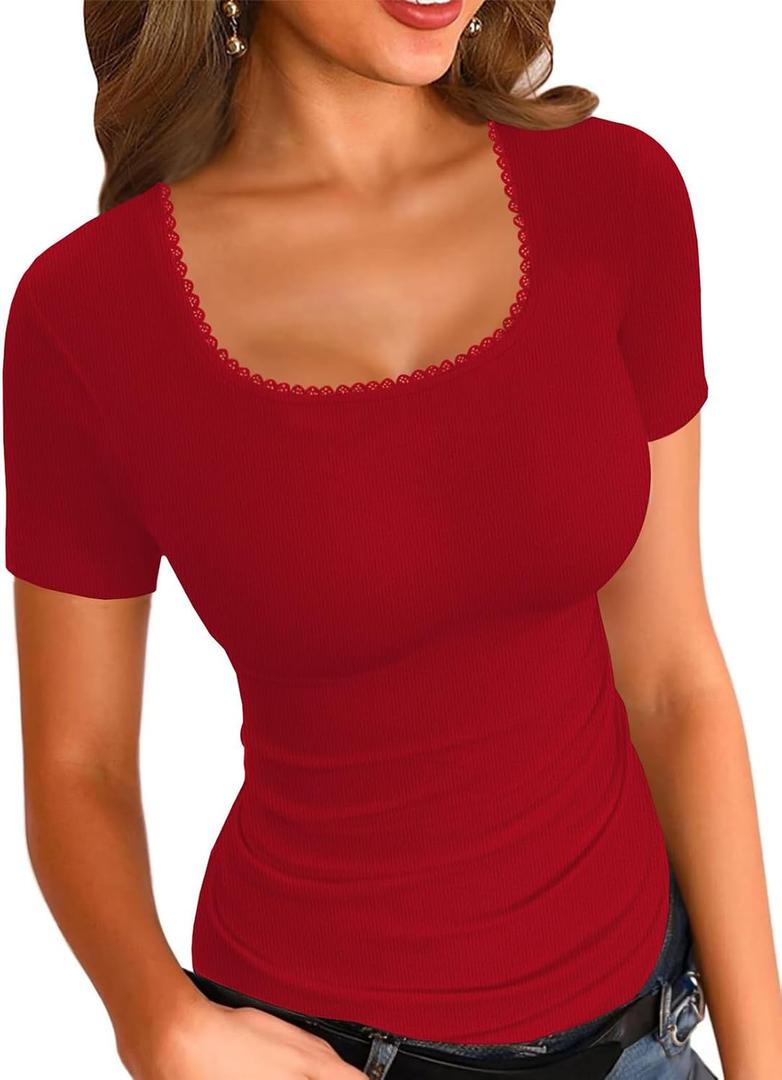 LOLONG Womens Short Sleeve Ribbed T Shirts Summer Casual Square Neck Lace Patchwork Tops (Red, S)